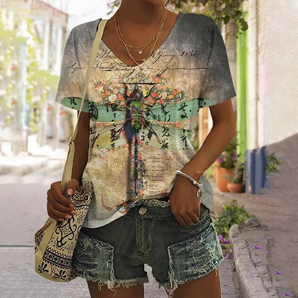 Женская футболка с принтом стрекозы, топы, одежда в стиле Харадзюку для женщин, летние повседневные футболки с v-образным вырезом и короткими рукавами, женский модный пуловер