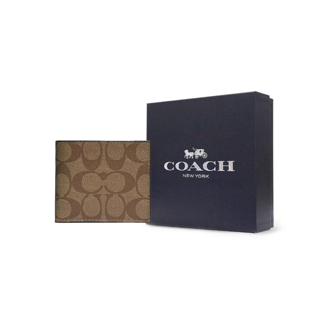 Coach Мужской кошелек-портмоне 10 отделений для карт Компактный Короткий Складывающийся Хаки 66551-QBTN2