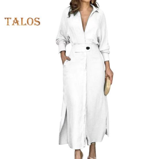 Осенне-весеннее женское платье с тонкой талией и длинными рукавами, однотонное платье с отворотом и v-образным вырезом, однотонное платье макси для свиданий