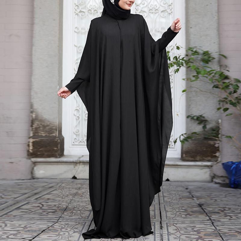 ZANZEA Muslim Women Prayer Dress Women O-neck Batwing Sleeve Chiffon Long Dress Abayas Islamic Clothes