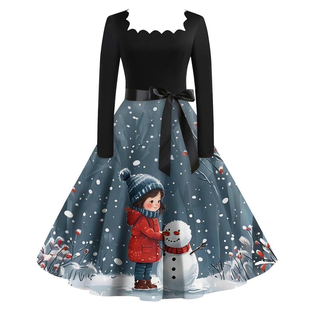 Women's Fashion Vintage Long Sleeve Square Neck Christmas Printed Evening Party Dresses Dresses