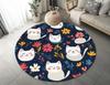 Dark Blue Cute White Cat Floral Round Rug Non Slip Washable Mat For Kids Bedroom