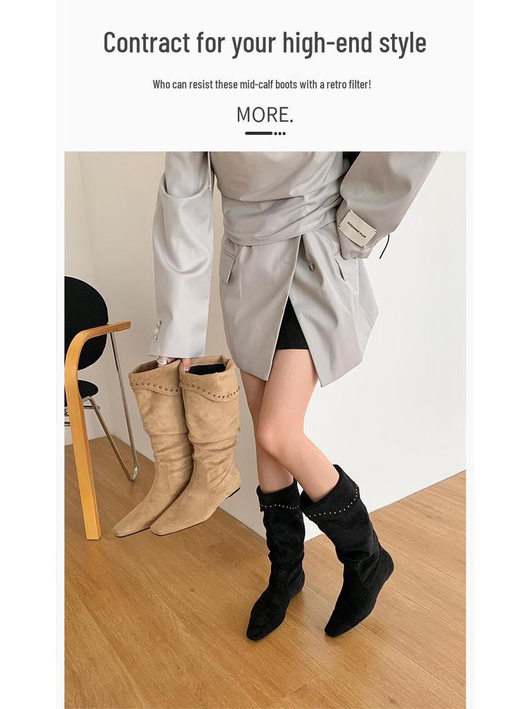 Женские ботильоны из овчины в французском нишевом стиле с острым носком, на танкетке, со сборками, в ковбойском стиле, 2025