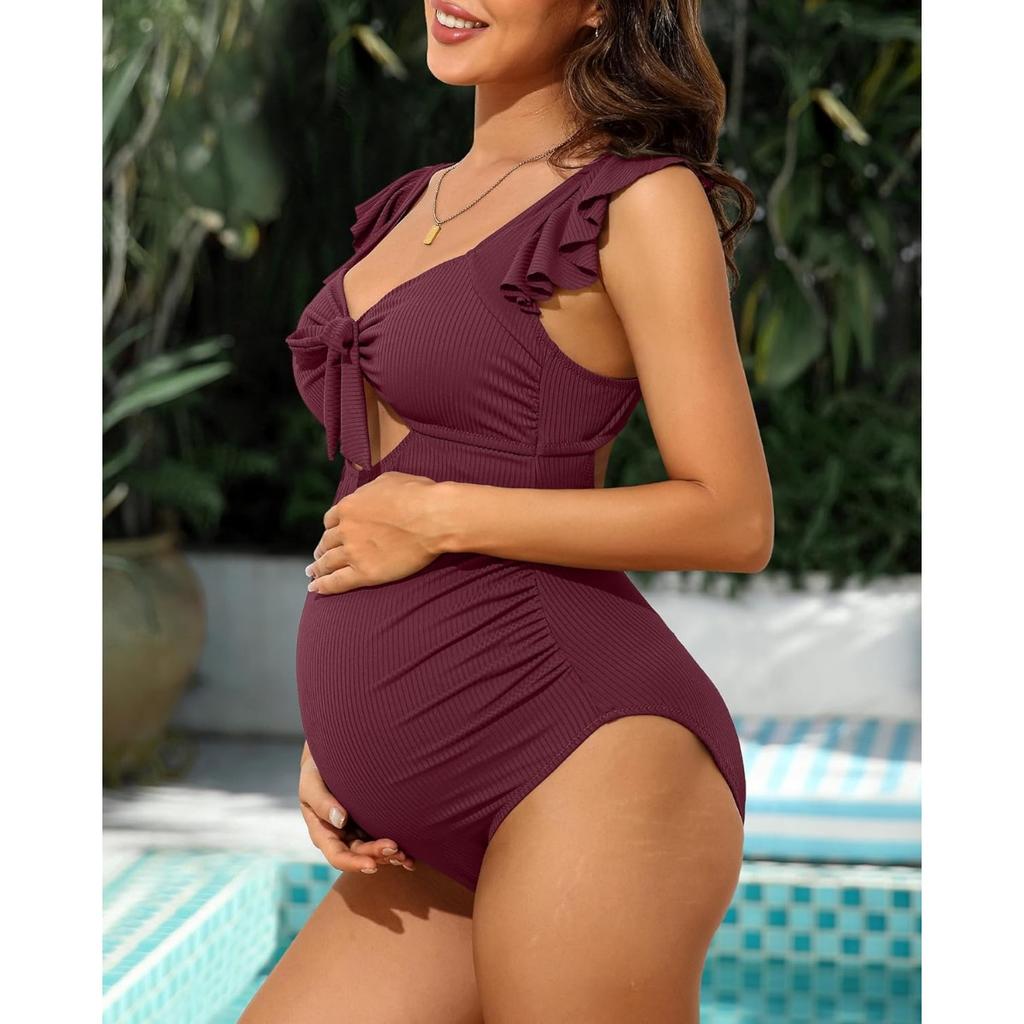 CHARMLEAKS Купальные костюмы для беременных с рюшами для женщин, купальный костюм для беременных в рубчик с завязками и вырезами, рюшами, купальник для беременных
