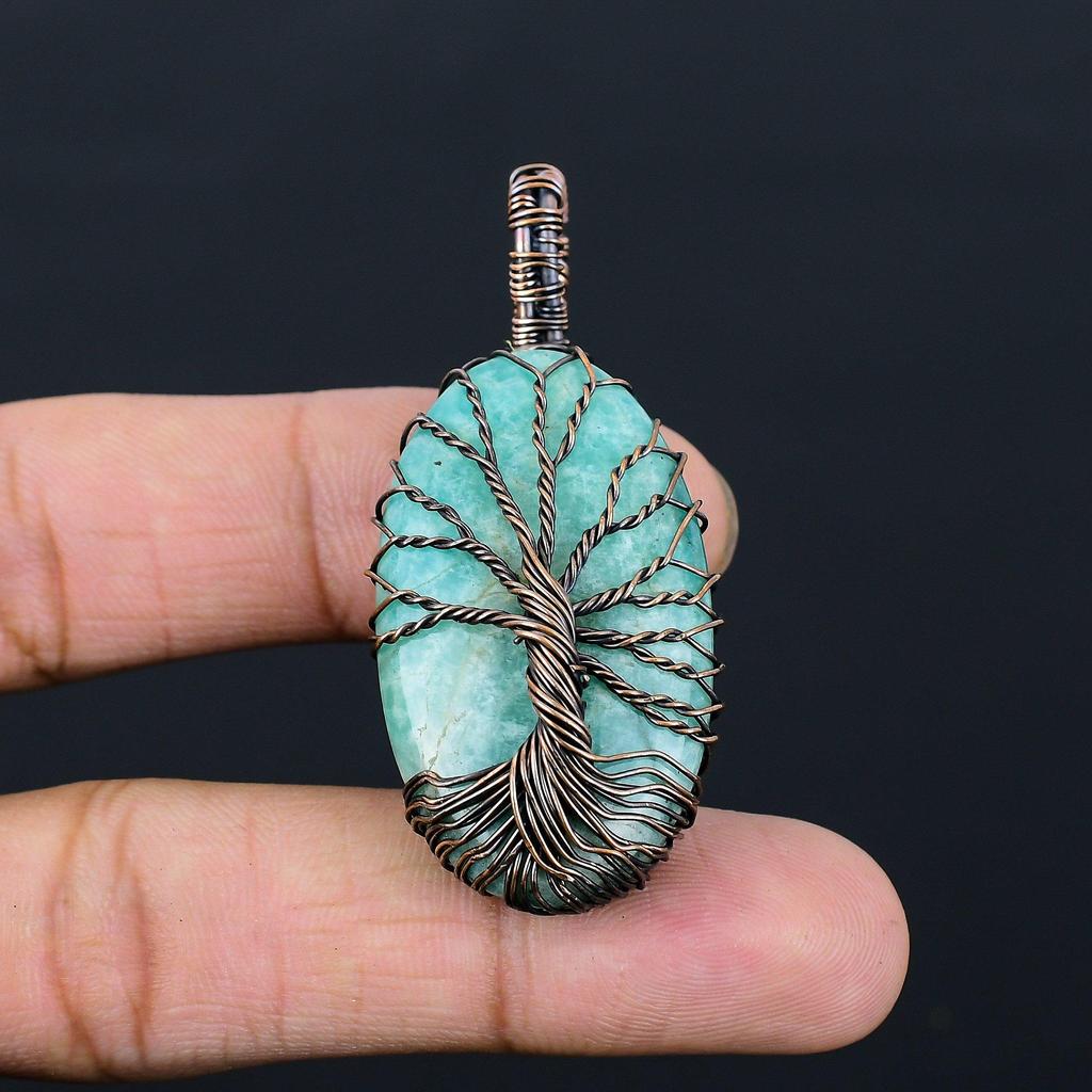 Древо жизни амазонит драгоценный камень чистая медная проволока обернутая подвеска ручной работы ювелирные изделия для подарка