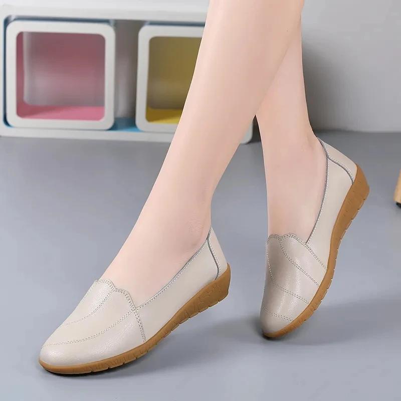 Genuine Leather Shoes For Women White Loafers Summer Clssic Style 2025 Nurse Shoes Woman Leather Flats
