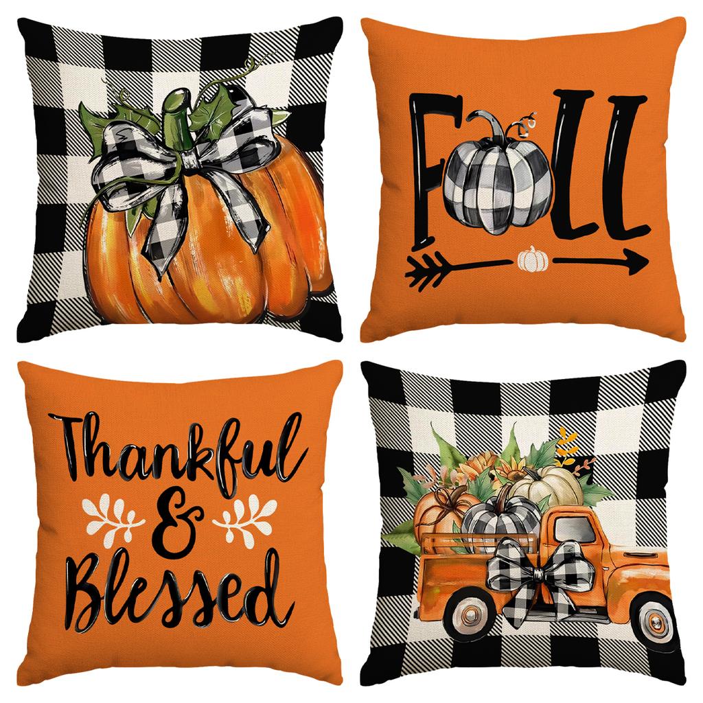 1 \ 4Pcs Autumn Thanksgiving Pillow Cover With Bow Truck Pattern Backrest Cover, Suitable For Room Living Room (No Pillow Core)