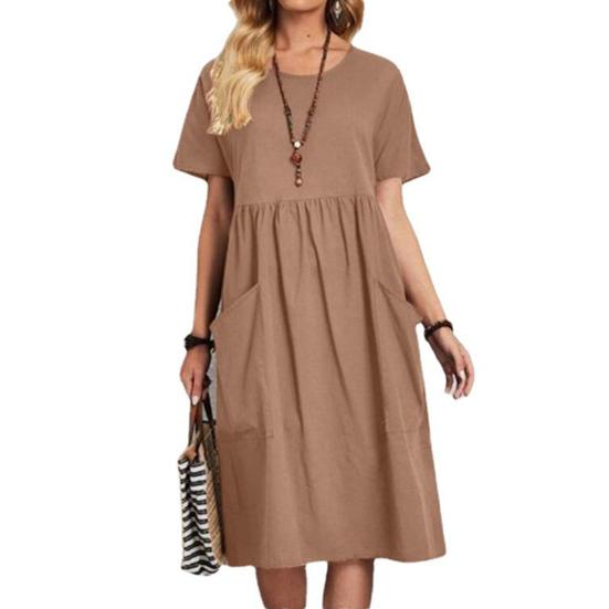 Женское летнее платье из хлопка и льна с круглым вырезом и коротким рукавом, миди-платье свободного покроя