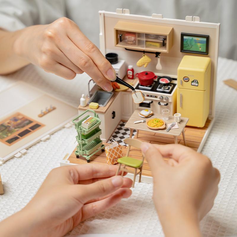 Robotime Rolife 3D Puzzle Super Store Happy Meals Kitchen Plastic DIY Miniature House Kit Miniature Dollhouse Playset with LED