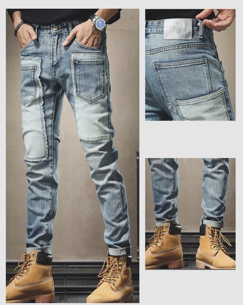 Модные мужские джинсы облегающего кроя в стиле пэчворк с множеством карманов и эластичной тканью для осени и зимы.