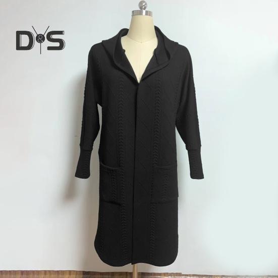 Женский осенне-зимний свитер, пальто с аппликацией с капюшоном, однотонный, толстый трикотаж, свободный, средней длины, с карманами, кардиган, с открытой строчкой, женский свитер, куртка