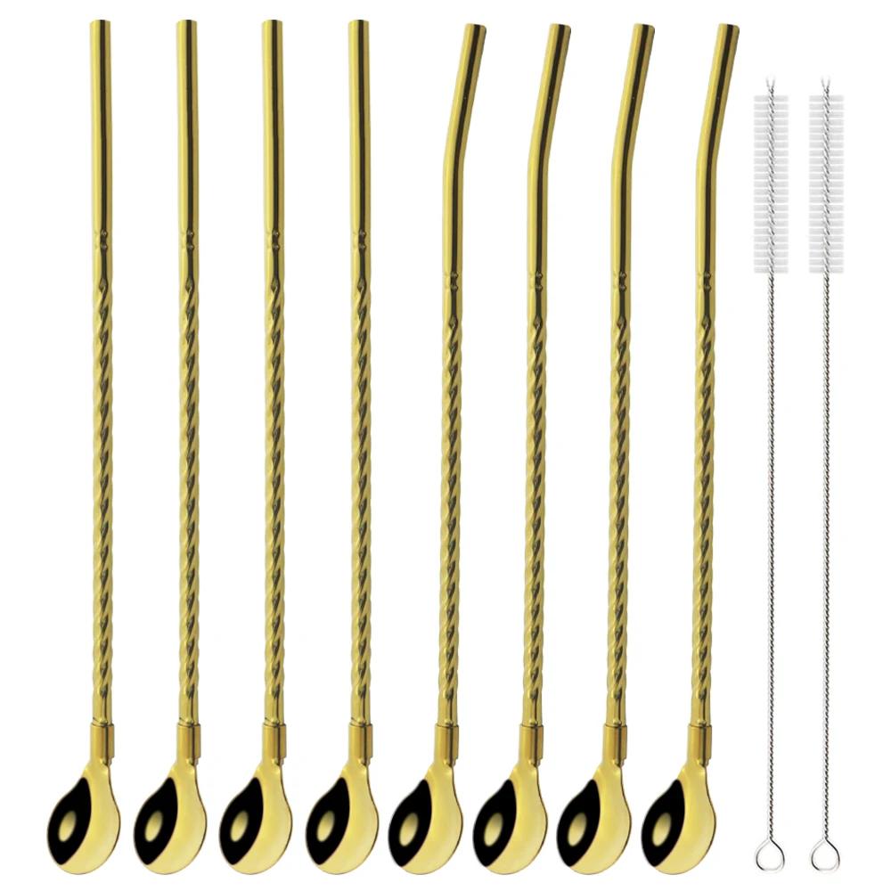 10 шт. многоразовая ложка-соломинка из нержавеющей стали, цветная металлическая соломинка, коктейльная ложка-соломинка, аксессуар для помешивания кофе в молочном баре