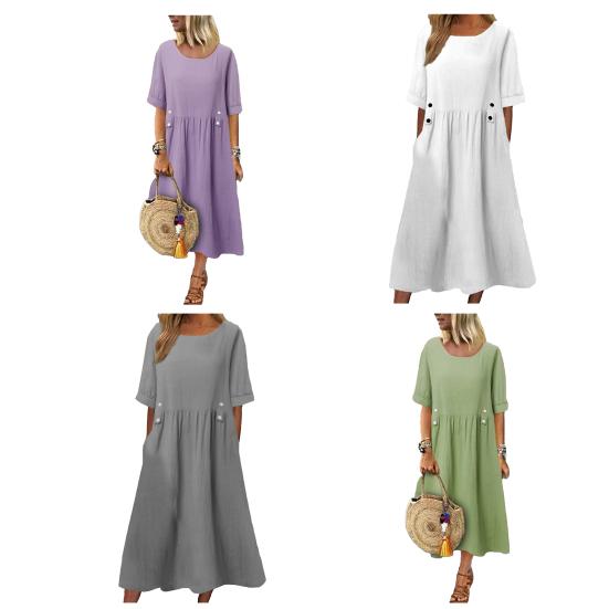 Женское платье свободного покроя средней длины с двойными карманами, украшение на пуговицах, круглый вырез, короткий рукав, летнее платье в стиле бохо, рабочая одежда