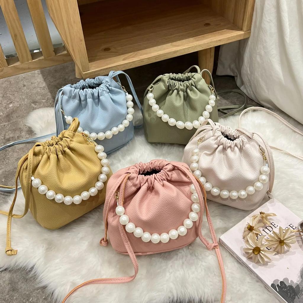 Pearl Chain Handbag Fashion PU Bucket Shoulder Bag For Lady