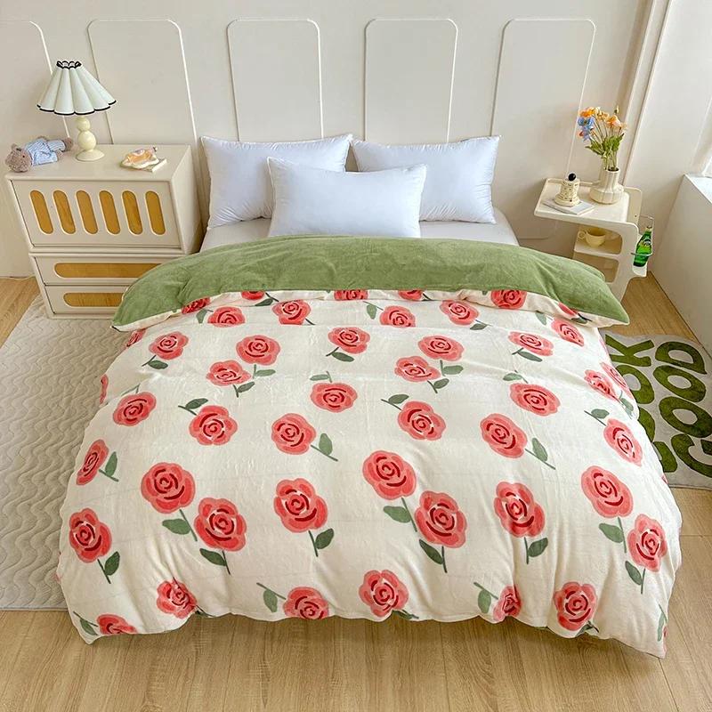 Milk Velvet Floral Duvet Cover, Ultra-Soft Cozy Warm Winter Reversible Plush Comforter Cover, 1 PC Botanical Flower Quilt Cover