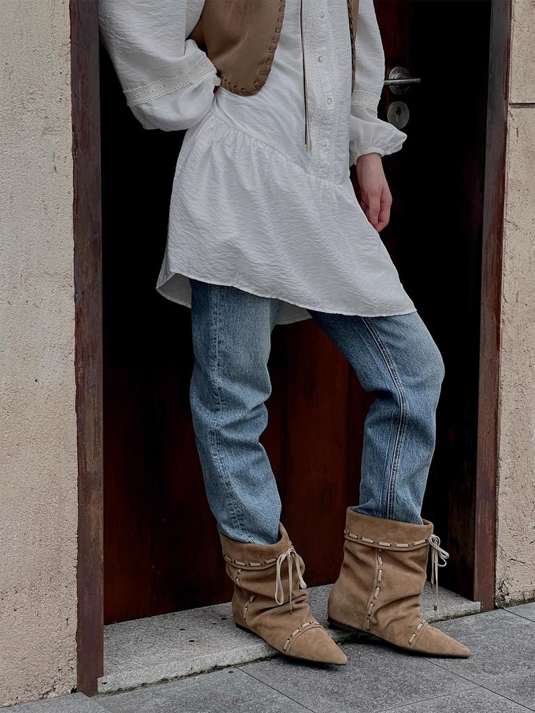 Foldable Two-wear Dong Life Same 25 New Stacked Ankle Boots You Mufeng Pointed Short Boots Stacked Boots Women