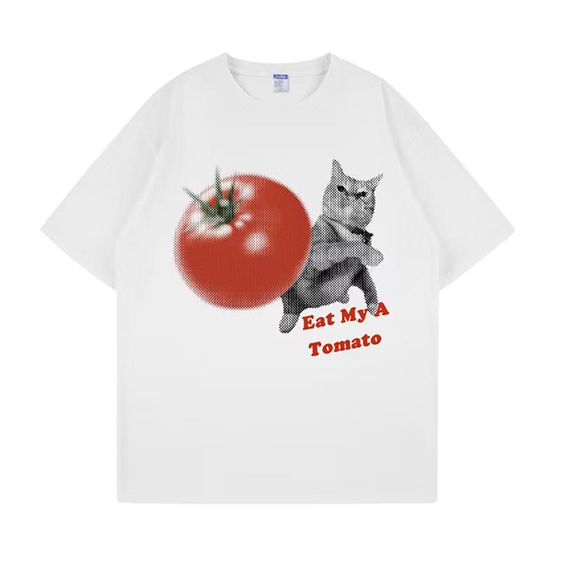 Summer Funny Cat Meme Tshirt Tomato Throwing Kitten Printed Tshirt Couples Tshirt Unisexs Comfortable Tshirt Couple Tshirt