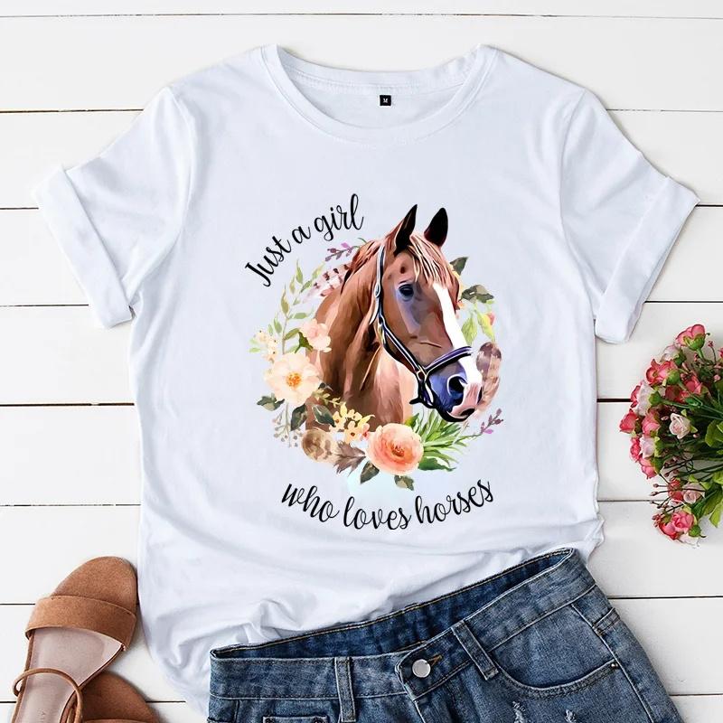 Just A Girl Love Horse Unisex T Shirt Summer Short Sleeve O Neck Tshirts Horse Animal Print Lady Clothes Tee Top FeUnisex T-shirt