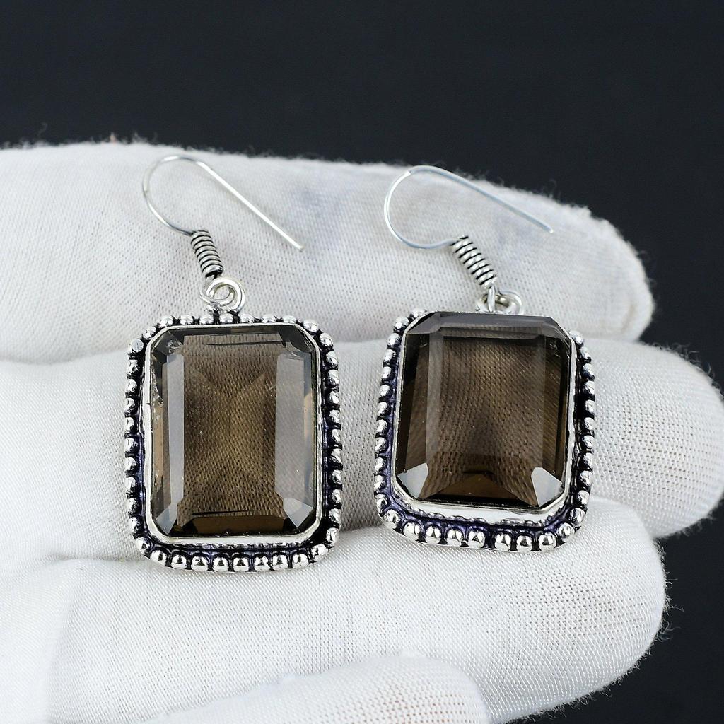 Smoky Topaz Gemstone Earring, 925 Sterling Silver Earring, Boho Silver Earring Jewelry, Bohemian Earring For Gifts, Women's Jewelry Earring