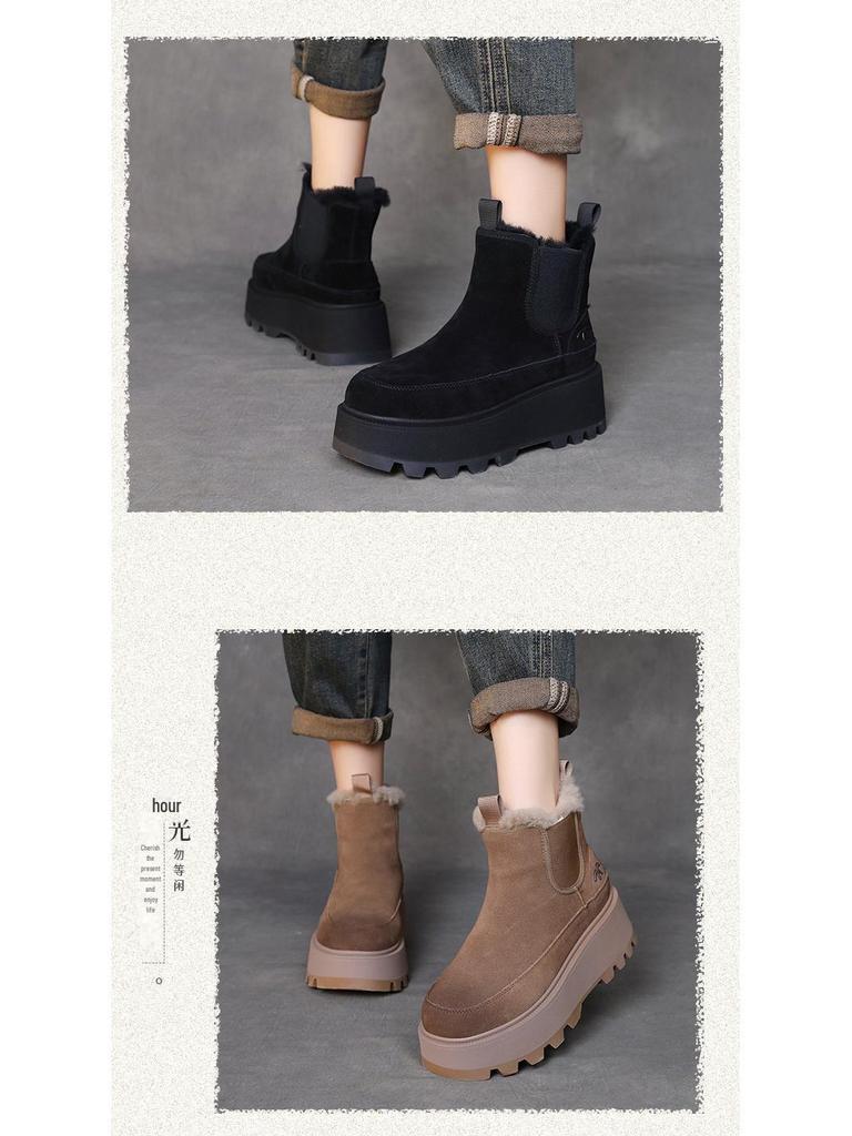 Женские зимние ботинки на платформе из бархатной кожи 2024 года: Теплые, удобные, короткие повседневные хлопковые ботинки на толстой подошве