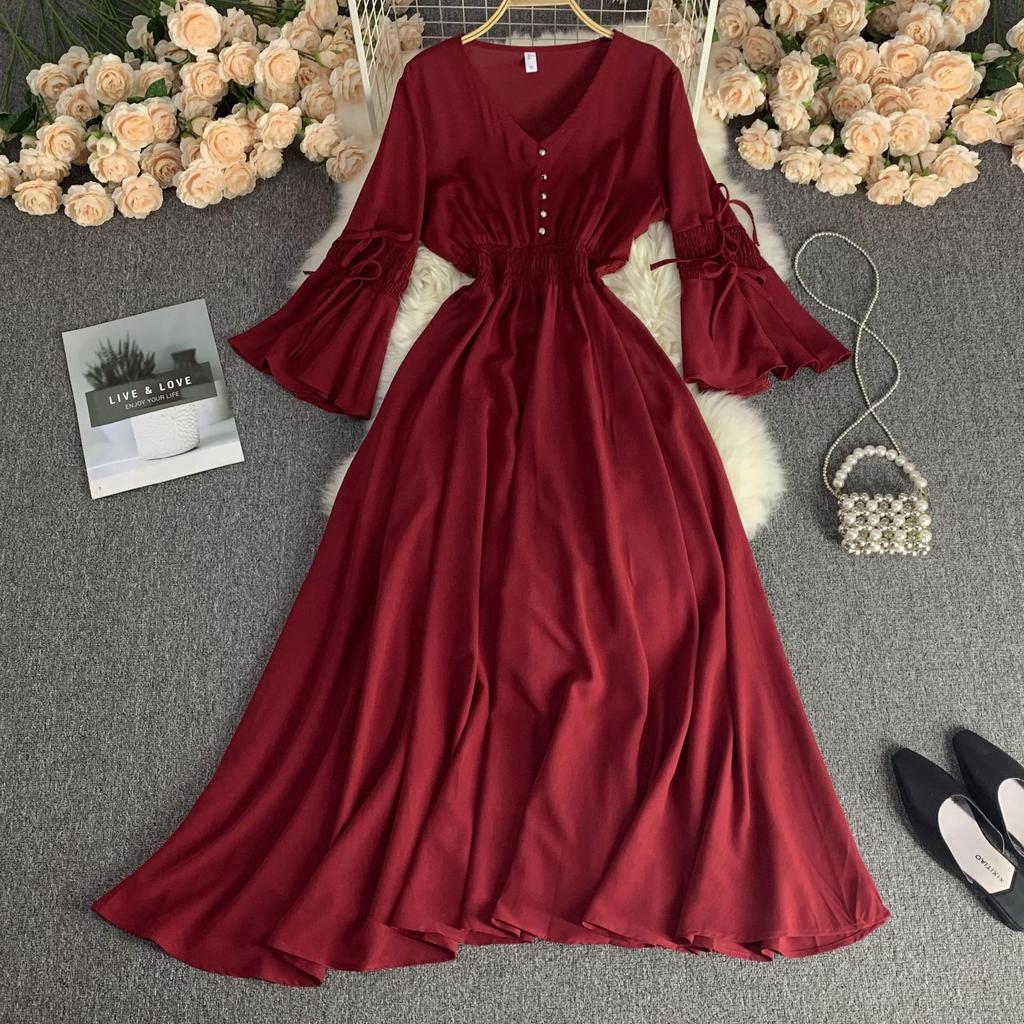 Длинное платье весна-осень для женщин, элегантное, с V-образным вырезом, расклешенными рукавами и высокой талией, праздничное, пляжное, макси-платье