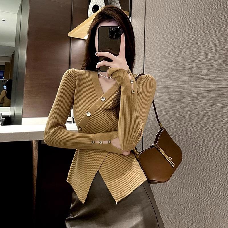 Нерегулярное чистое желание и тонкий, свитер с воротником, перекрещенный А талия, приталенный, с разрезами, пуловер, вязаный, с длинными рукавами, внутренний топ