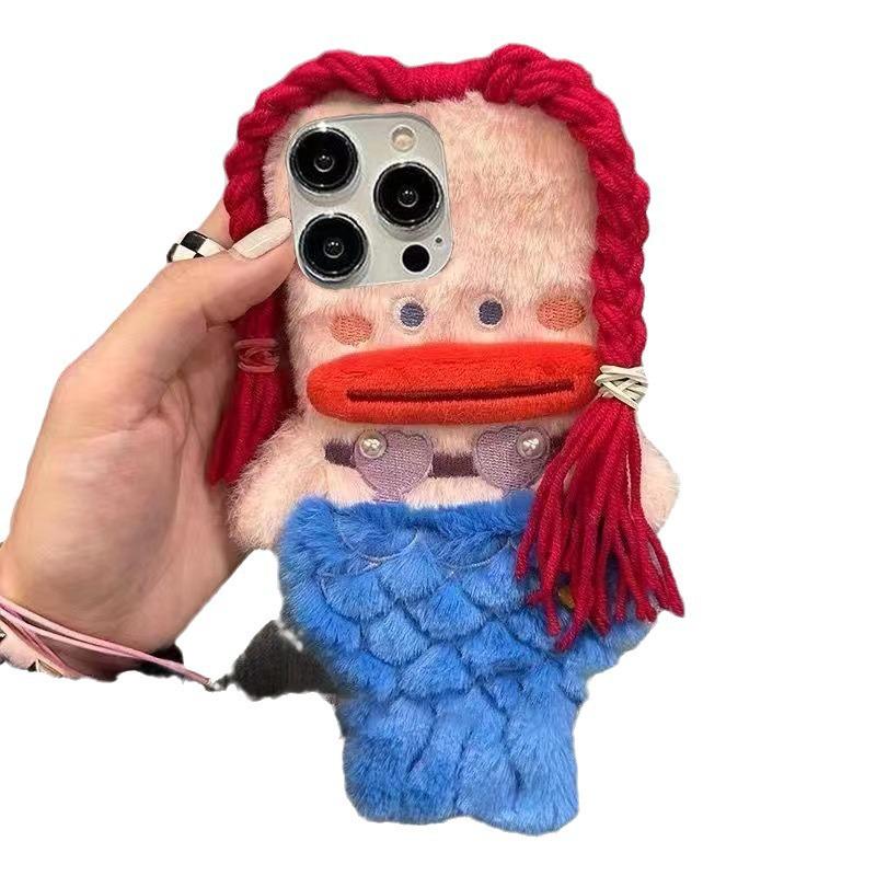 Плюшевый чехол-ракушка с русалкой для iPhone 11, 12, 13, 14, 15, 16 - Милый мультяшный дизайн для женщин