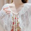 Wearing A Camisole Skirt Over A Cover Up and Lace Shawl Summer Sun Protection Cardigan Thin and Short Lace Up Hollowed Out Jacket