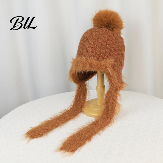 Thick Plush Edge Winter Hat Women Knitted Earflap Hat, Fuzzy Trim Pompom Soft Warm Fluffy Pom Knit for Outdoor Cycling, Cold Weather Daily Wear