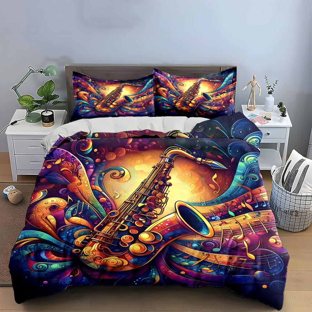 Colorful Saxophone Music Decor Bedding Set with 1 Duvet Cover 2 Pillowcases Single Double King Queen, Gift