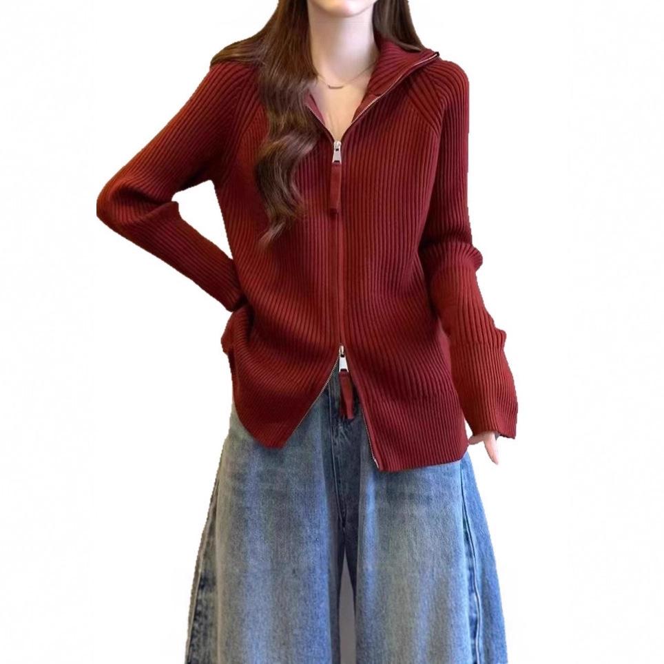 Women's Collared Zip Front Ribbed Knit Cardigan
