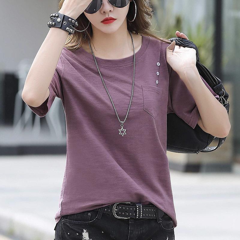 Летние женские футболки, свободные футболки с короткими рукавами, белая женская футболка с одним карманом, женская одежда, однотонные блузы