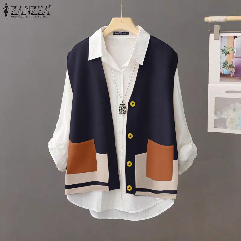 ZANZEA Женские винтажные жилеты без рукавов с цветными карманами