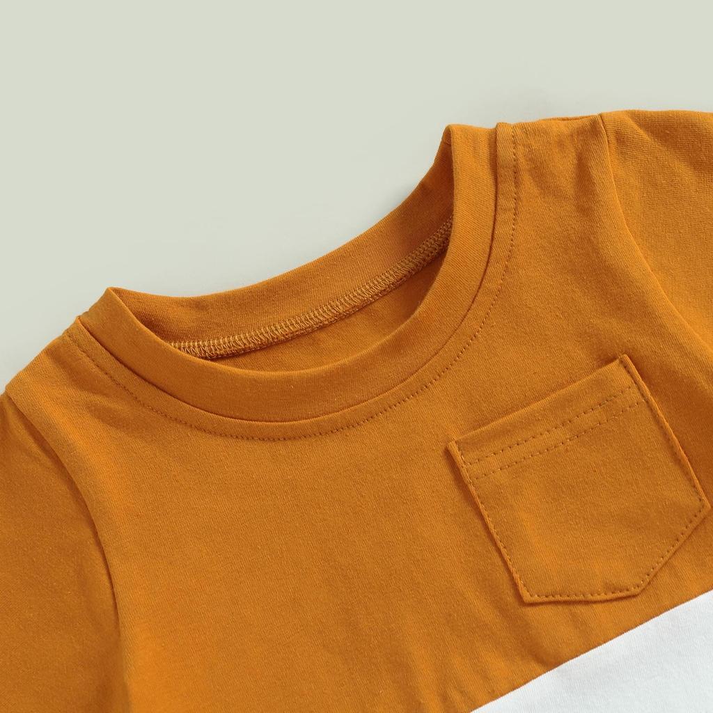 Комплект одежды для маленьких мальчиков, футболка с короткими рукавами и цветными блоками, однотонные свернутые шорты из 2 предметов, летний наряд