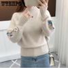 Half Height Collar Women's Sweater Thickened Autumn and Winter Short Style Embroidered Flower Knit Sweater Long Sleeved Pullover Sweater
