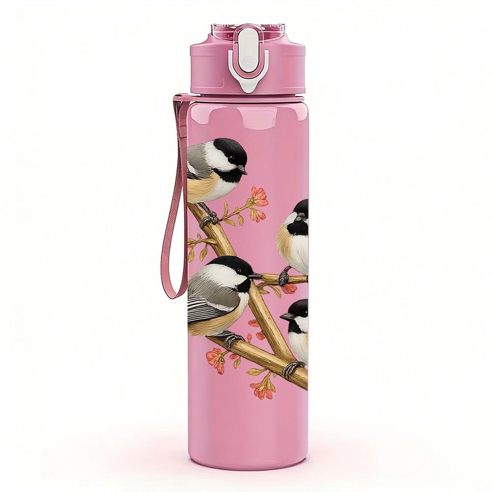 1PC Branch Perched Little Birds Print 750ml Color Plastic Sports Water Bottle Leakproof Flip Straw Lid Suitable for Sports Office Home Use