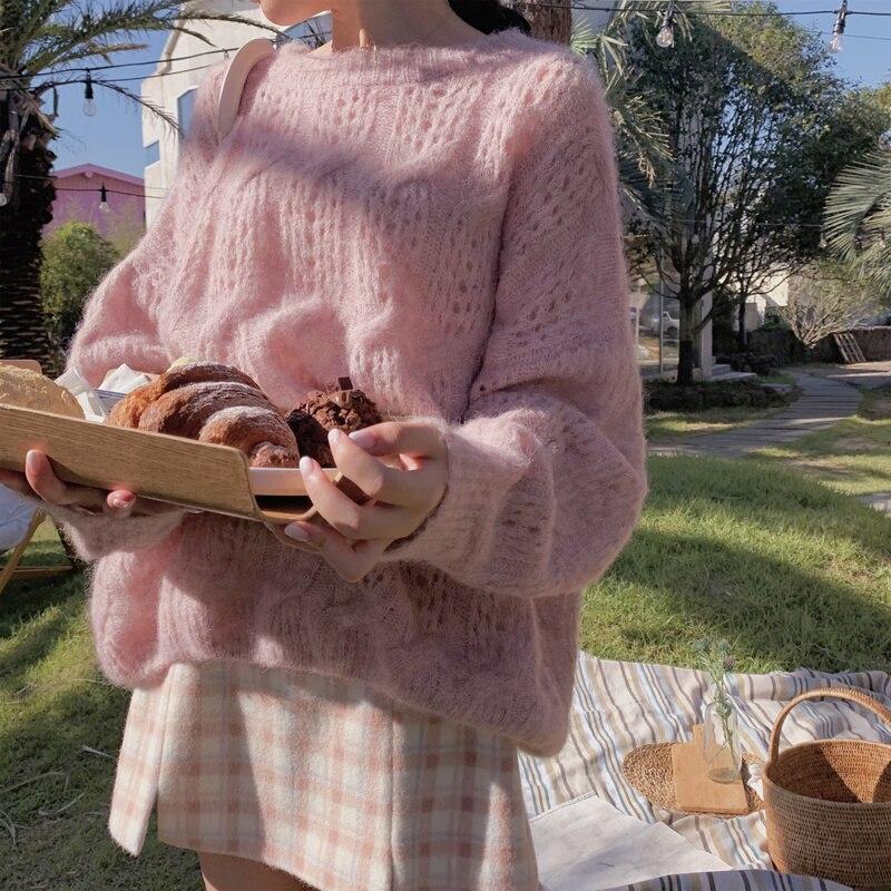 Soft Loose Knitted Mohair Sweaters Women Anutumn Winter New Hollow Solid Female Pullovers Warm Basic Knitwear Jumper 17932