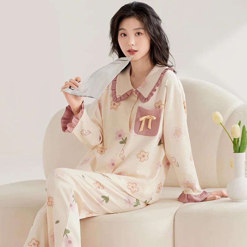 Женский хлопковый пижамный комплект осень-зима с отложным воротником, симпатичная пижама в стиле принцессы, женская домашняя одежда с длинным рукавом