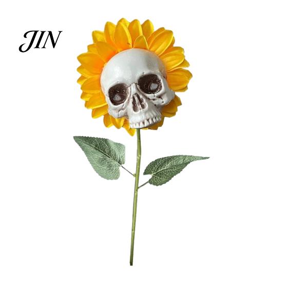 Halloween Lawn Decoration Sunflower Skull Ornament, Theme Garden Decor, Potted Skeleton Flower Pot Plant Waterproof Outdoor Decoration, for Patio Yard