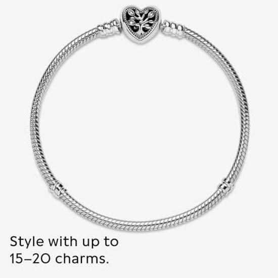 PANDORA Moments Family Tree Heart Clasp Snake Chain Bracelet Clear Cubic Zirconia 925 Sterling Silver Charm
