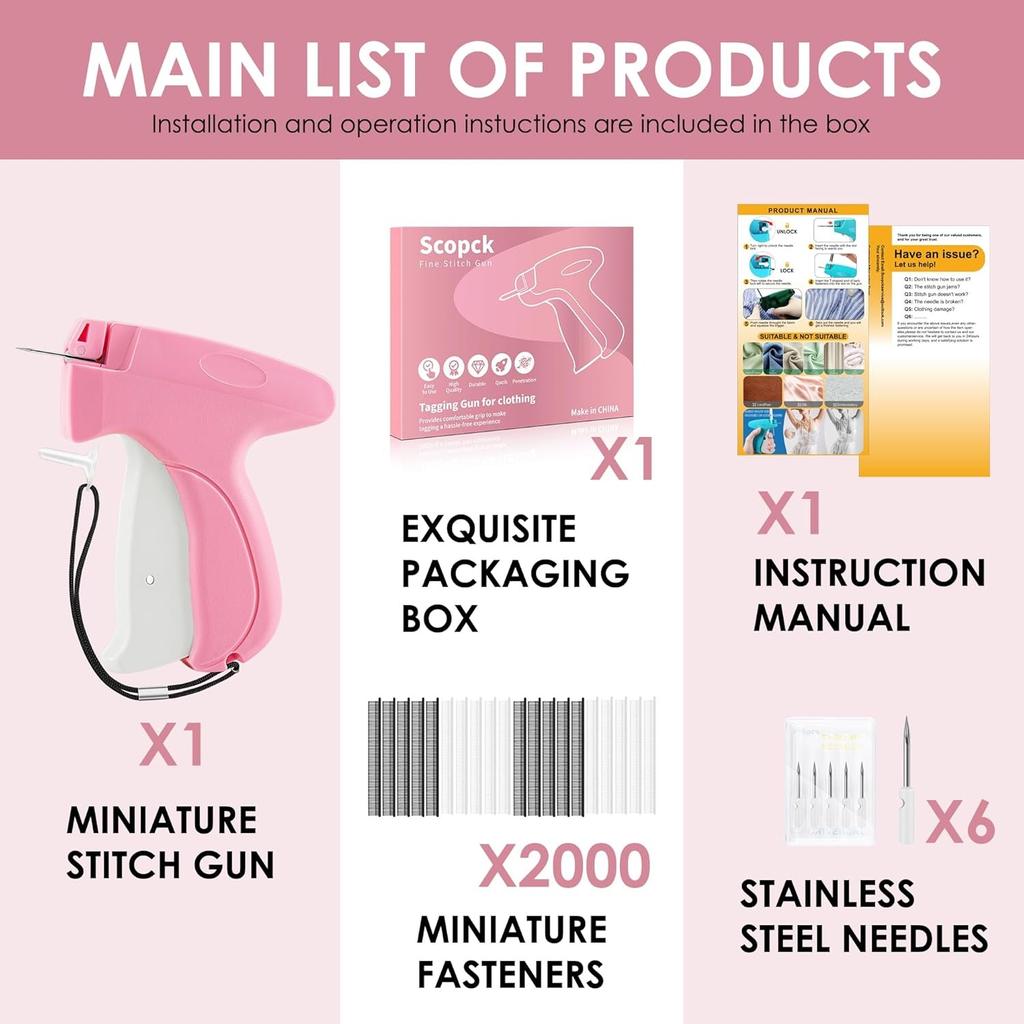 Stitchy Gun for Clothes, Mini Quick Clothing Fixer for Sewing, Quilting, Hemming,Tagging Gun with 6 Needle,1000 Black Fasteners & 1000 White Fasteners