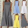 Vintage Women Solid Color O Neck Sleeveless Pockets Large Hem Long Loose Dress