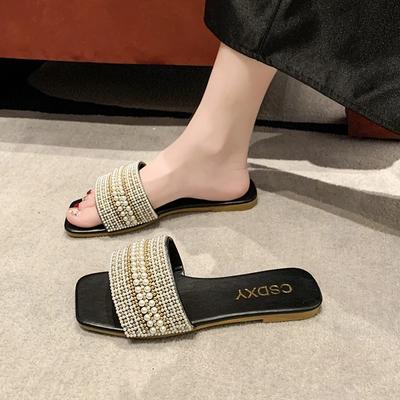 2024 Лето Новые Модные Повседневные Женские Тапочки с Перлами Однотонные Туфли С Плоской Подошвой И Открытым Носком Женские Уличные Пляжные Тапочки