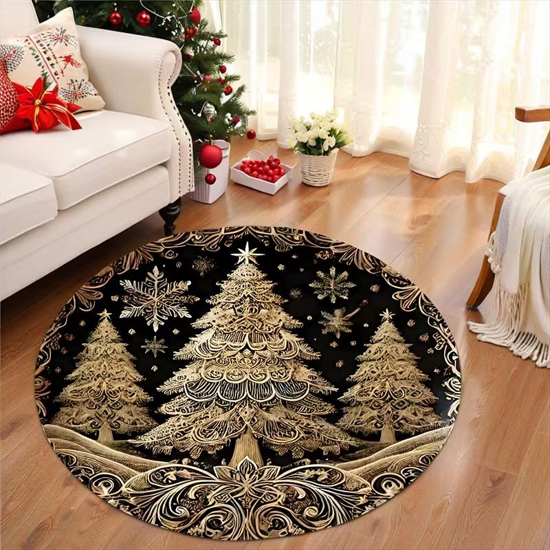 Vintage Christmas Bell Round Rug Pine Branch Poinsettia Print Circular Floor Mat for Living Room Bedroom Holiday Decor