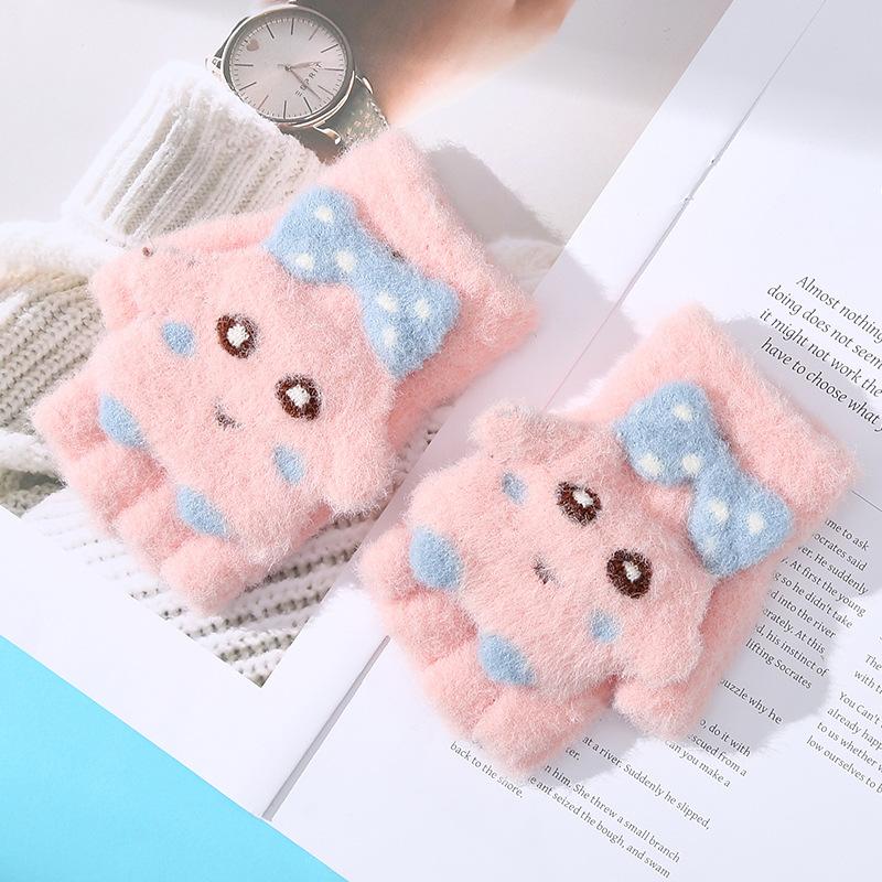 Cartoon Cute Children's Half Finger Flap Warm Gloves In Autumn and Winter Cold Proof and Thickened Baby Girl Writing and Riding A Bicycle Five-finger