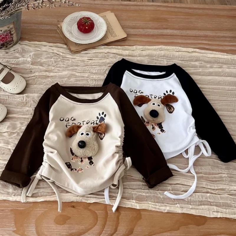 Cute Puppy Cartoon Childlike Kids Long Sleeve T-Shirt 2025 Girls Boys Base Shirt Korean Version Kawaii Spliced Patchwork Tops