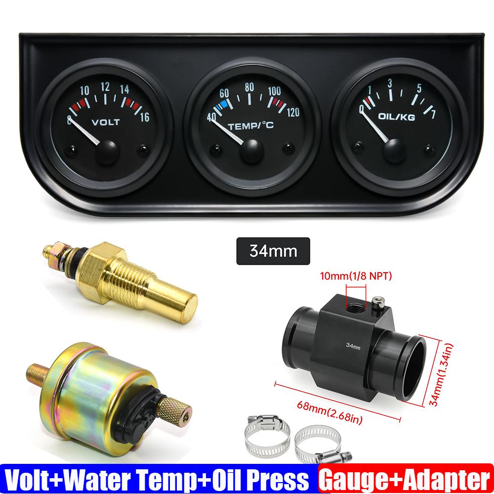 3 IN 1 Triple Gauge Kit 12V 52mm VOLT+Water Temp Meter+Oil Pressure Gauge+Sensor Temperature Radiator Hose Adapter 26MM-40MM