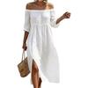 Женское платье миди с открытыми плечами, трехчетвертной рукав, плиссировка, смесовая ткань лен и хлопок, свободный крой, высокая талия, боковой разрез, летнее повседневное платье