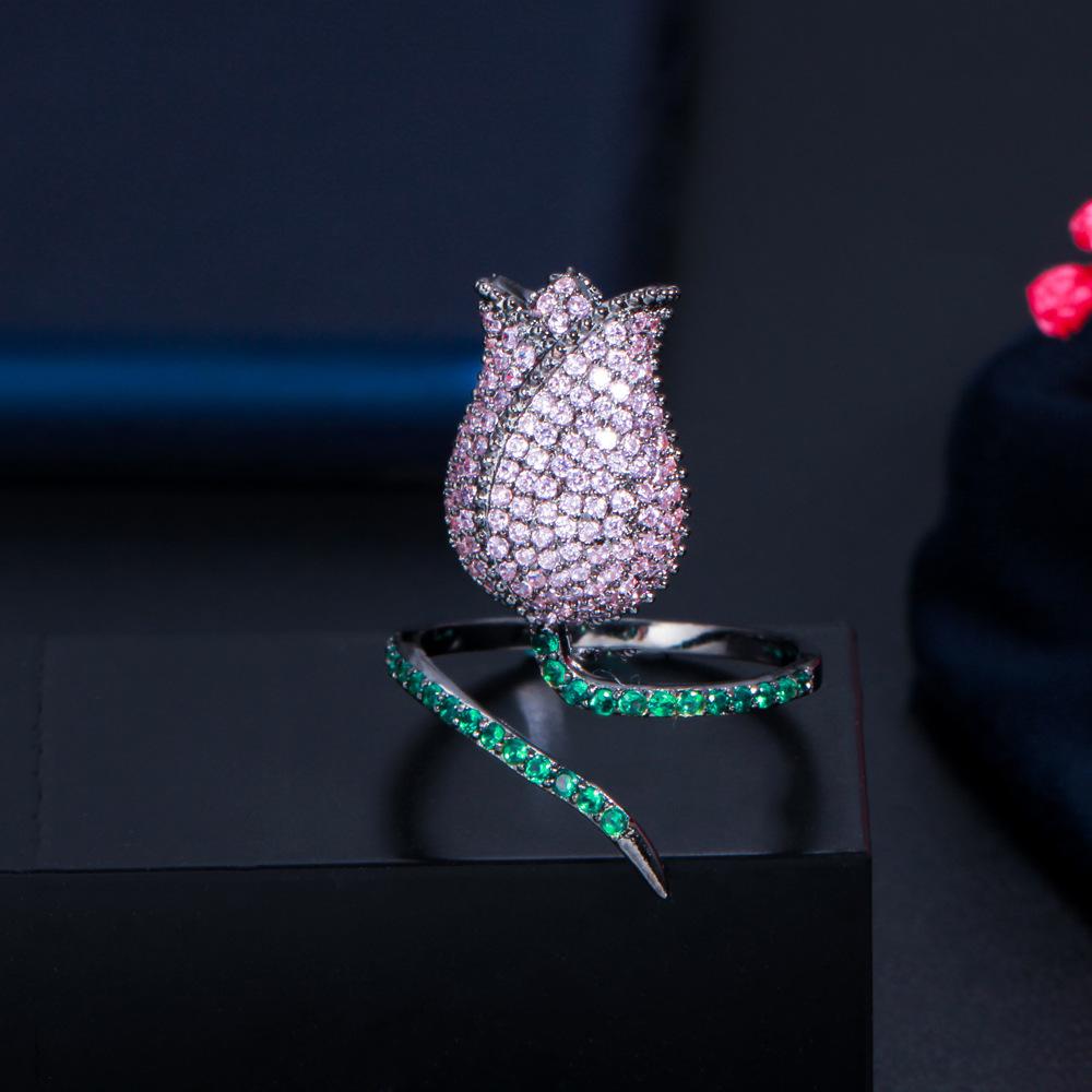 Кольцо на указательный палец с трехмерным цветком тюльпана в стиле легкой роскоши, слегка инкрустированное цирконом, кольцо в форме розы, кольцо, женское