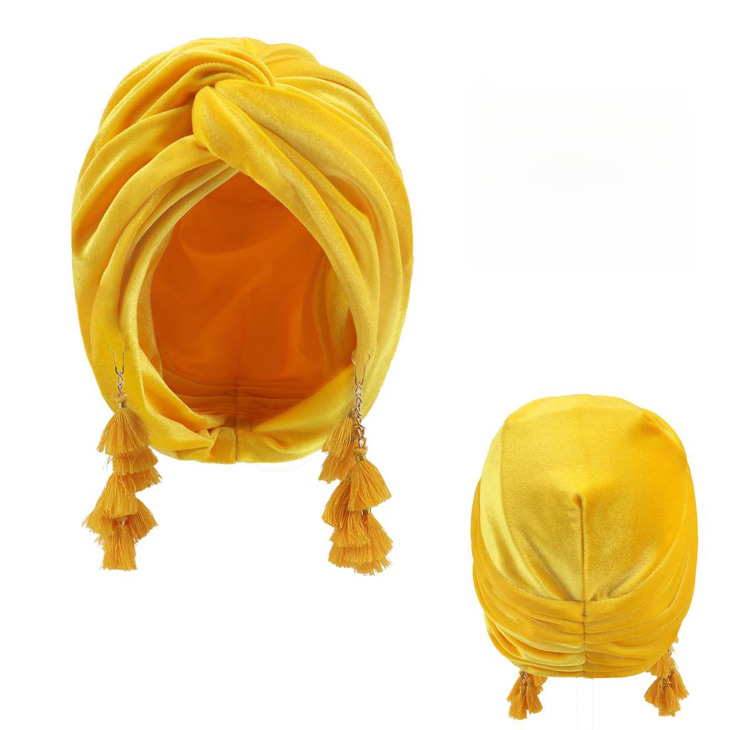 New Spring Women's Bohemia Velet Turban Tassel Head Wrap Cap European American Retro Style Boho Cross Beanie Hat